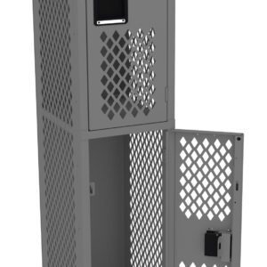 A gray metal locker with a lattice design, featuring two compartments. The top compartment door is closed, while the bottom door is open, revealing an empty interior. The locker stands on four legs.