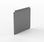 A gray, rectangular metal plate with small tabs on the top and bottom edges is displayed in a minimalistic setting on a white background. Shadows are cast on the surface, enhancing the three-dimensional appearance of the object.