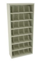 A tall, beige shelving unit with seven shelves, each divided into four compartments. The unit is empty and stands against a plain white background.