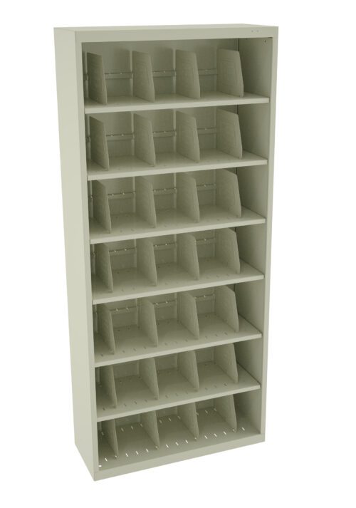 A tall, beige shelving unit with seven shelves, each divided into four compartments. The unit is empty and stands against a plain white background.