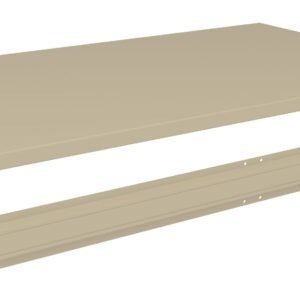 A flat, rectangular metal shelf and a matching L-shaped metal bracket displayed on a white background. Both pieces are beige and have several small, evenly spaced holes for assembly.
