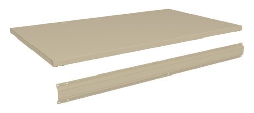 A flat, rectangular metal shelf and a matching L-shaped metal bracket displayed on a white background. Both pieces are beige and have several small, evenly spaced holes for assembly.