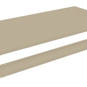 Beige, rectangular metal shelf with separate supporting bracket below, each with pre-drilled holes for assembly.