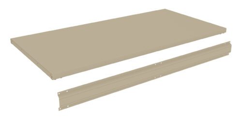 tyivl8ou2epr2tetgkgo.jpg Beige, rectangular metal shelf with separate supporting bracket below, each with pre-drilled holes for assembly.