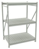 A metal shelving unit with three tiers. Its gray and features a slatted design for each shelf. The structure is supported by four vertical beams with cross-bracing for stability.
