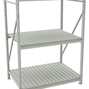 A metal shelving unit with three tiers. Its gray and features a slatted design for each shelf. The structure is supported by four vertical beams with cross-bracing for stability.