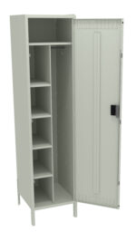 A beige metal locker with an open door is shown. Inside, there are four shelves on the left side and an empty compartment with a hanging rod on the right. The locker stands on four short legs.