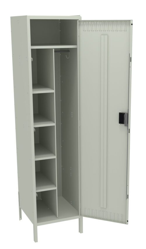 A beige metal locker with an open door is shown. Inside, there are four shelves on the left side and an empty compartment with a hanging rod on the right. The locker stands on four short legs.