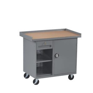 A gray metal rolling cart with four wheels. It features a flat tabletop surface, a lockable door on the right with a handle, and three open shelves on the left for storage.