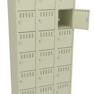 A beige locker unit with three columns and six rows, featuring a total of eighteen individual lockers. One locker door in the top right is open, revealing an empty compartment inside.