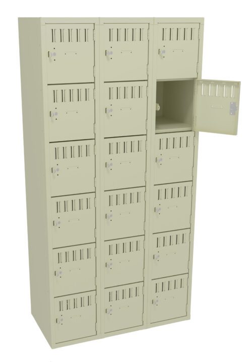 tzaowazxluoqdcvpcxr1.jpg A beige locker unit with three columns and six rows, featuring a total of eighteen individual lockers. One locker door in the top right is open, revealing an empty compartment inside.
