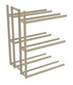 A metal shelving rack with multiple horizontal bars and vertical supports, designed for industrial storage. The structure is open and minimalist, with adjustable slots for customizable shelving. The metal has a light beige finish.