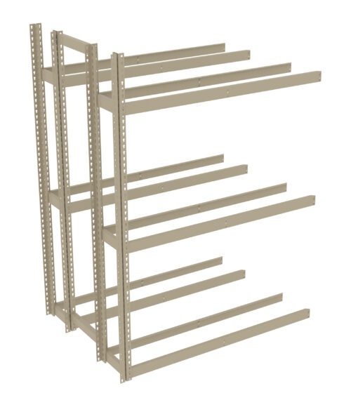 A metal shelving rack with multiple horizontal bars and vertical supports, designed for industrial storage. The structure is open and minimalist, with adjustable slots for customizable shelving. The metal has a light beige finish.