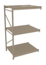 A beige, three-tiered metal shelving unit with a minimalist design. Each shelf is evenly spaced and consists of metal slats. The shelves are supported by a sturdy frame with diagonal supports for stability.