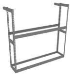 An innovative design, this metal shelving frame features two horizontal support beams and perforated side panels for adjustable shelving. The gray structure is perfect for storage or industrial use, offering flexibility and strength without sacrificing style. No shelves are currently installed.