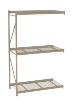 A beige, three-tiered metal shelving unit with open grid shelves. The sturdy design supports heavy items, suitable for garage or warehouse storage. The frame has perforated beams for adjustable shelf height.