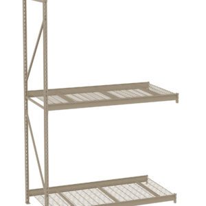 A beige, three-tiered metal shelving unit with open grid shelves. The sturdy design supports heavy items, suitable for garage or warehouse storage. The frame has perforated beams for adjustable shelf height.