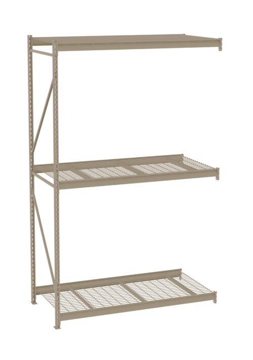 A beige, three-tiered metal shelving unit with open grid shelves. The sturdy design supports heavy items, suitable for garage or warehouse storage. The frame has perforated beams for adjustable shelf height.