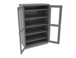 A tall, gray metal storage cabinet with glass panels on its double doors, standing open. It has five adjustable shelves inside and a latch handle on the right door.