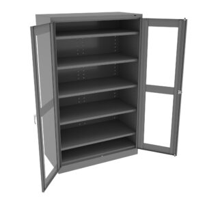 A tall, gray metal storage cabinet with glass panels on its double doors, standing open. It has five adjustable shelves inside and a latch handle on the right door.