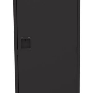 A tall, black, metal locker door with a rectangular handle and ventilation slits at the top and bottom. The surface is smooth and plain, positioned against a white background.