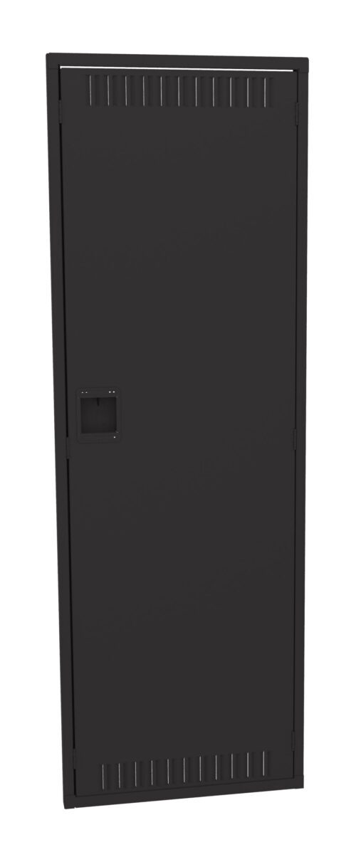 A tall, black, metal locker door with a rectangular handle and ventilation slits at the top and bottom. The surface is smooth and plain, positioned against a white background.