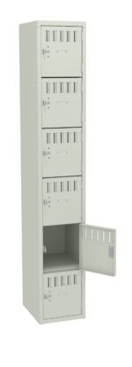 A vertical row of six beige lockers, with the bottom locker door open, revealing an empty compartment. The lockers have a simple design with ventilated slots and keyhole locks.