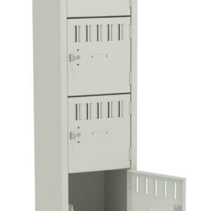 A vertical row of six beige lockers, with the bottom locker door open, revealing an empty compartment. The lockers have a simple design with ventilated slots and keyhole locks.
