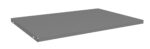 A gray, rectangular metal shelf with a smooth surface, seen from an angled side view against a white background.