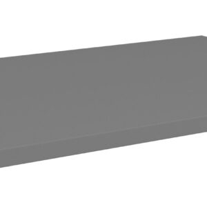 A gray, rectangular metal shelf with a smooth surface, seen from an angled side view against a white background.