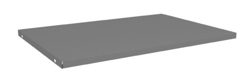 u1zdbyokasuqos0rehem.jpg A gray, rectangular metal shelf with a smooth surface, seen from an angled side view against a white background.