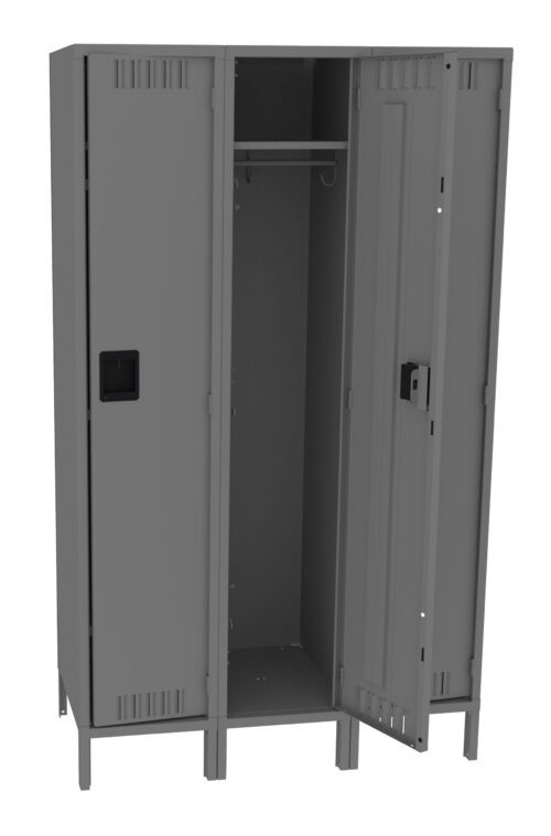 A gray metal locker with three compartments stands on legs. The left compartment is closed, the middle compartment is open showing a hanging rod, and the right compartment is partially open.