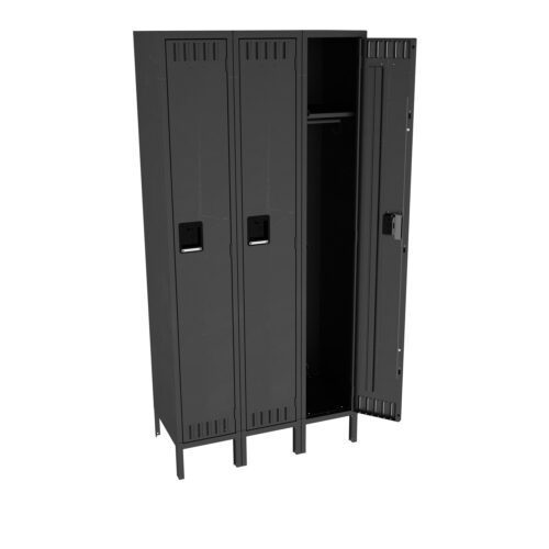 u2btvpj7fl8novjuvrc5.jpg A black, three-compartment metal locker with one door open, revealing an empty interior and a hanging rod. The other two compartments are closed. The locker stands on four legs.