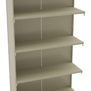 A beige five-shelf metal storage unit with adjustable shelves. The shelves are evenly spaced, with perforated sides for flexible height adjustments. The unit is empty and stands against a plain white background.