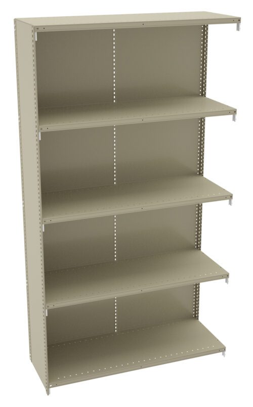 u2ce2hv2hljipq0nuyd4.jpg A beige five-shelf metal storage unit with adjustable shelves. The shelves are evenly spaced, with perforated sides for flexible height adjustments. The unit is empty and stands against a plain white background.