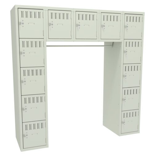 A beige, U-shaped arrangement of small lockers, each with a vented door and a lock. The structure is symmetrical, with two vertical columns and a connecting top row of lockers.