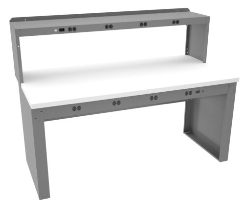 u36nboruh4anyoltzjnv.jpg A gray workbench with a white tabletop and a back panel is shown. It features multiple electrical outlets and ports on both the tabletop edge and back panel for convenient access. The design is sturdy and functional.