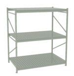 A gray, three-tiered metal storage shelf with horizontal slats. The shelves are supported by a sturdy frame with diagonal supports on the sides for stability. The design is industrial and utilitarian, suitable for heavy-duty storage.