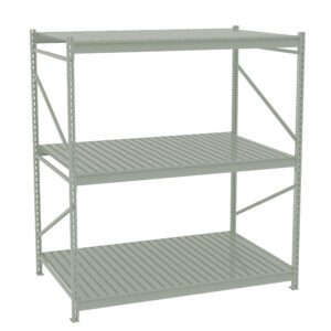 A gray, three-tiered metal storage shelf with horizontal slats. The shelves are supported by a sturdy frame with diagonal supports on the sides for stability. The design is industrial and utilitarian, suitable for heavy-duty storage.