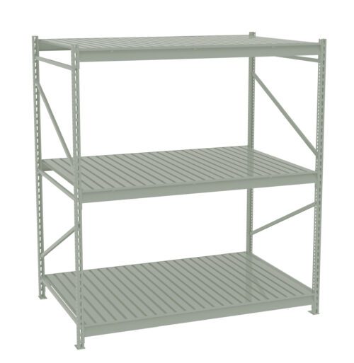 A gray, three-tiered metal storage shelf with horizontal slats. The shelves are supported by a sturdy frame with diagonal supports on the sides for stability. The design is industrial and utilitarian, suitable for heavy-duty storage.