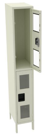 A tall, light-colored metal locker with two compartments is shown. The top compartment door is open, revealing an empty interior, while the bottom door is closed. The locker features ventilation panels and security locks.