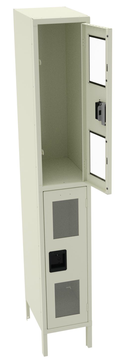u3g8zo7m7gbfar4iv5n4.jpg A tall, light-colored metal locker with two compartments is shown. The top compartment door is open, revealing an empty interior, while the bottom door is closed. The locker features ventilation panels and security locks.