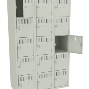 A neutral-colored locker unit with three columns and five rows of individual lockers. One locker in the top left is open, and another in the middle column is slightly ajar, showing the interior.