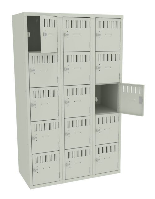 u3gkhewnrjmce3lr7pr1.jpg A neutral-colored locker unit with three columns and five rows of individual lockers. One locker in the top left is open, and another in the middle column is slightly ajar, showing the interior.
