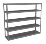 A gray metal shelving unit with five evenly spaced shelves. The unit is simple and sturdy, designed for storage. It has a rectangular shape with open sides and visible support brackets on each corner.