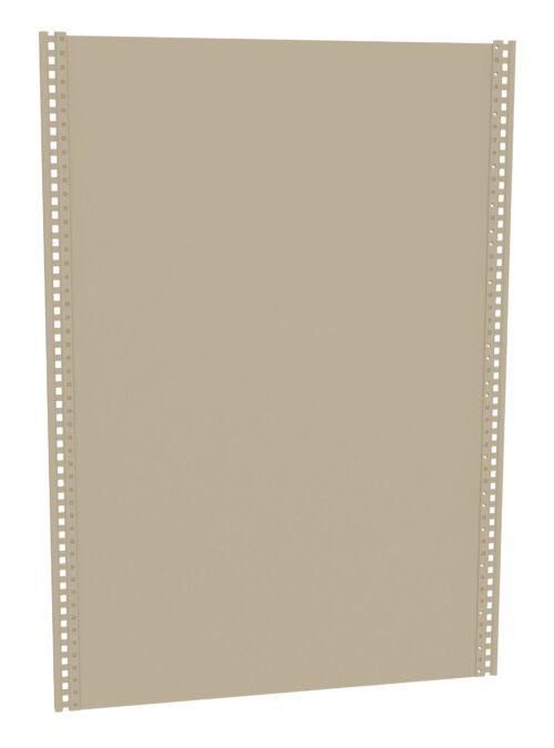 A beige, rectangular metal panel with perforated edges. The holes are evenly spaced, forming a grid pattern along both vertical sides. The panel is set against a plain white background.