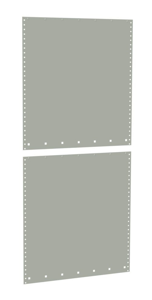 Two blank, rectangular sheets of paper with evenly spaced holes along the sides are aligned vertically. The top sheet has holes on all four sides, while the bottom sheet is cropped at the top with holes on three sides.