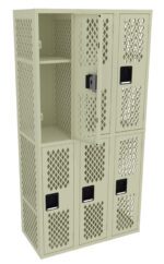 A beige locker unit with six compartments is shown. The top middle locker door is open, revealing an empty interior with a shelf. The locker doors have a diamond-shaped ventilation pattern and black handles.