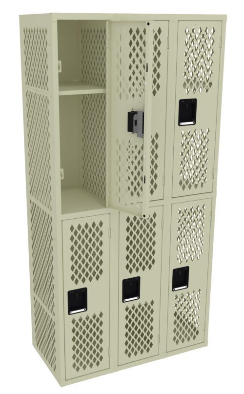 A beige locker unit with six compartments is shown. The top middle locker door is open, revealing an empty interior with a shelf. The locker doors have a diamond-shaped ventilation pattern and black handles.