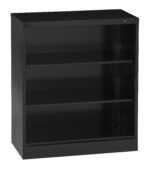 A black, three-shelf metal bookcase with a minimalist design. The bookcase has an open front and a flat top, suitable for office or home storage.